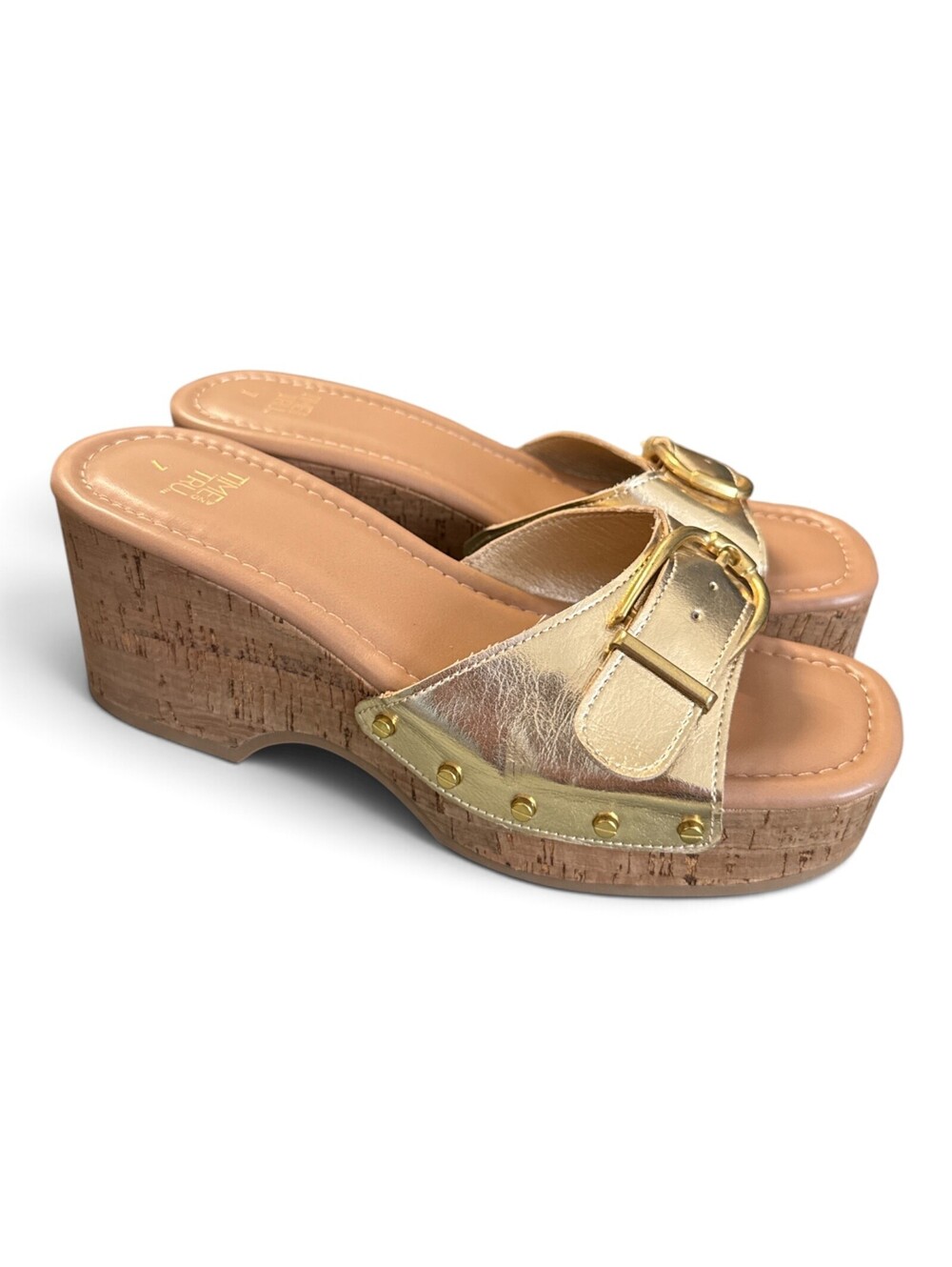 Time and Tru Gold Buckle Platform Wedge Slide Sandals
